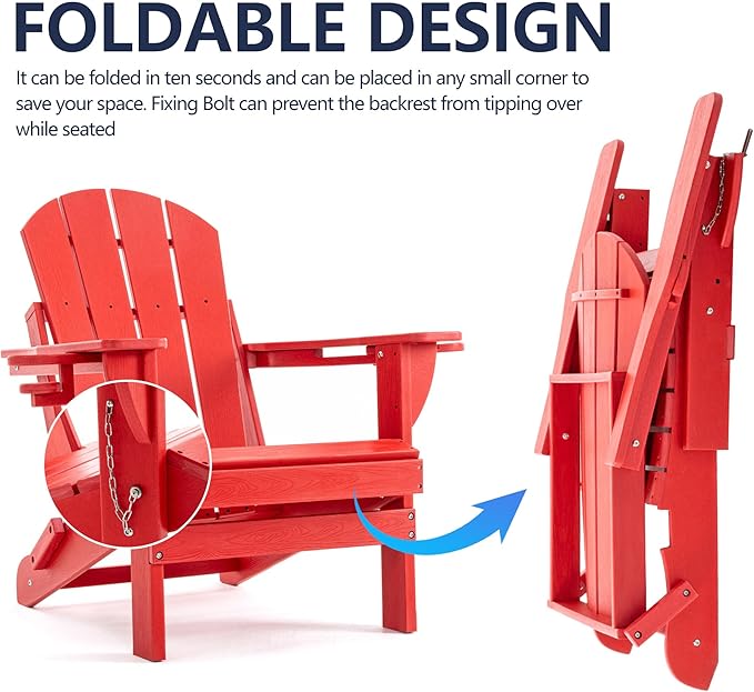 Folding Adirondack Chair, HDPE Outdoor Texture Lawn Chair with Reclining Back, Cup and Phone Holder - Comfortable Firepit Chair Weather Resistant for Patio or Backyard (Red, Set of 4)