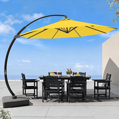 7 Piece Patio Dining Set with 11ft Patio Umbrella (Yellow), 7 Black Outdoor HDPE Dining Set with 6 Chairs + 1 Large Table with 2" Umbrella Hole, for Market, Pool, Garden, Backyard, Deck