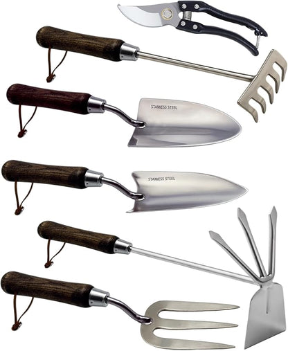 Garden Tool Set, 6PCS Heavy Duty Stainless Steel Gardening Hand Tools with Ropes, Includes Trowel, Transplanter, 2-in-1 Hoe, Pruner & More, Ideal Gardening Gift for Man and Woman (Standard Packaging)
