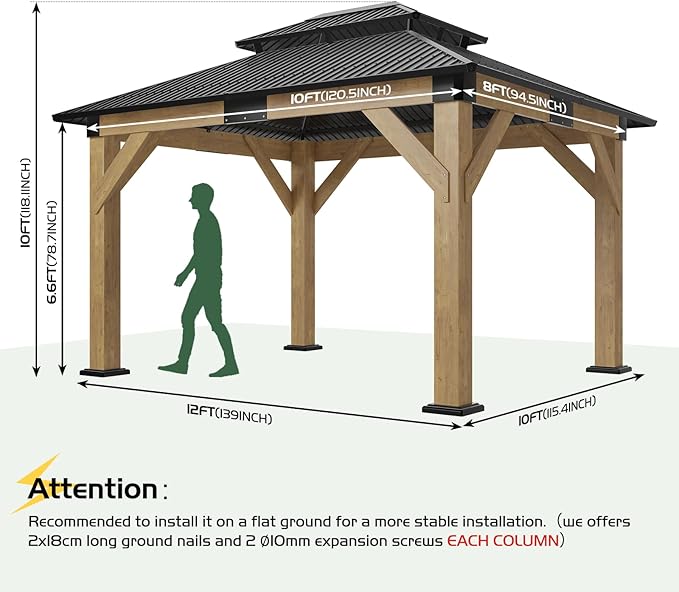 AMERLIFE 10x12 Wood Gazebo, Hardtop Gazebo with Spruce Frame and Aluminum Double Roof, Outdoor Pergola for Parties, Backyard, Patio, Lawns, Black + Natura Wood