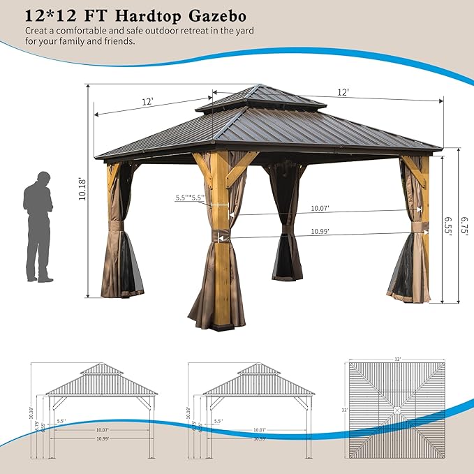 Domi Hardtop Gazebo 12’x12’ Cedar Frame Wood Gazebo with Galvanized Steel Double Roof, Outdoor Permanent Metal Gazebo with Curtains and Netting for Patio,Deck,Backyard