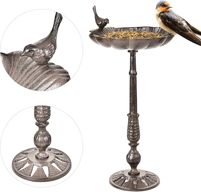 Sungmor Cast Iron Bird Bath for Outside, 21 Inch Height Garden Standing Feeder, Antique Style & Shell-Shape Bird Bath Bowl, Decorative Pedestal Birdbath, Outdoor Yard Deck Patio Ornament