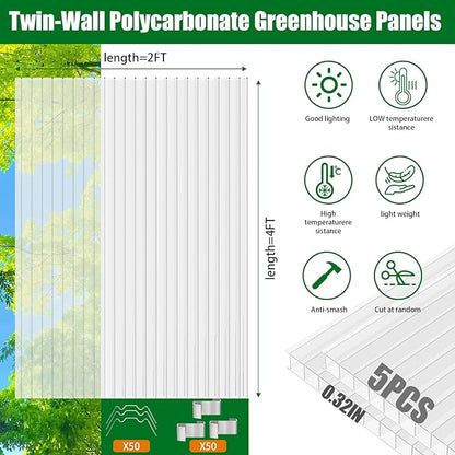 Polycarbonate Greenhouse Panels 5 Pack 4' x 2' x 0.32" Twin-Wall UV-Protected All Weather Plastic Roof Panel Clear Replacement Sheets for Garden Fences, Furniture DIY,Outdoor Roofing