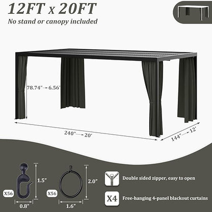 Gazebo Universal Replacement Privacy Curtain,12'×20' Gazebo Outdoor Waterproof Curtains, 4-Panels Sidewall Curtains with Double Zipper for Patio Canopy, Garden and Backyard (Curtain Only)