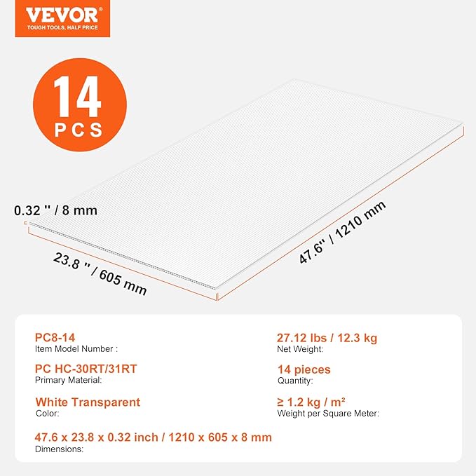 VEVOR 14 Pack Polycarbonate Greenhouse Panels, 2' X 4' X 0.32'' Roof Panels Sheets, Waterproof UV Protected Corrugated Plastic Roofing, Impact Resistance Clear Roofing Sheets for Greenhouse/Garden