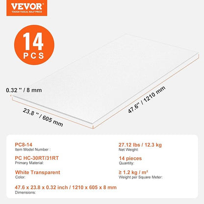 VEVOR 14 Pack Polycarbonate Greenhouse Panels, 2' X 4' X 0.32'' Roof Panels Sheets, Waterproof UV Protected Corrugated Plastic Roofing, Impact Resistance Clear Roofing Sheets for Greenhouse/Garden