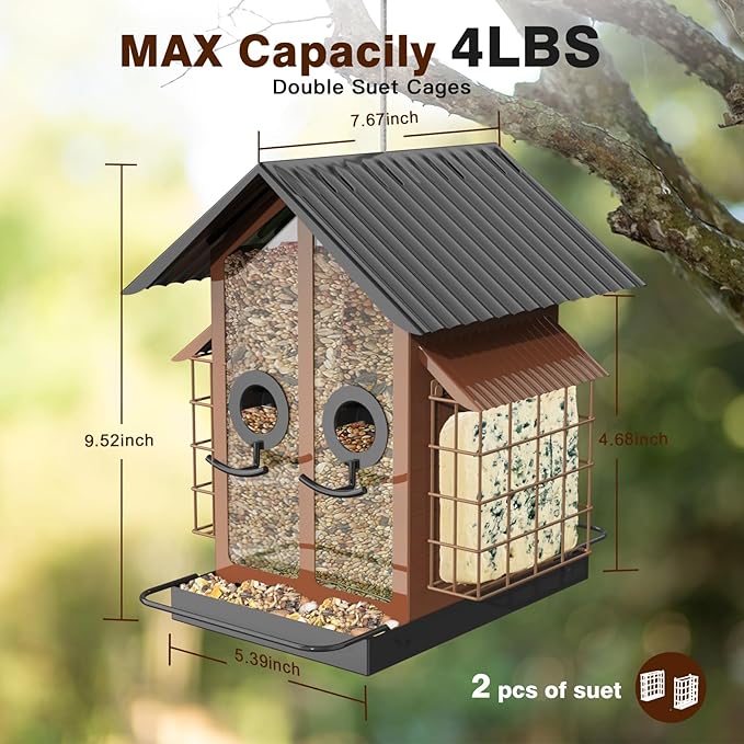 Bird Feeders for Outdoors, Metal Bird Feeder with Double Suet Cage Weatherproof Metal Roof, 2 in 1 Mixed Seeds Suet Feeder, 4Lbs Large Capacity, Great for Finch、Cardinal、Chickadee（Brown）