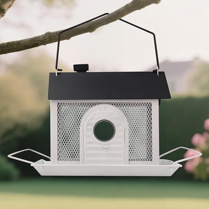 Bird Feeder House for Outdoors – White Metal Hanging Bird Feeder, Decorative Bird House Feeder for Cardinals, Finches, and Wild Birds, Weatherproof Backyard Garden Decor