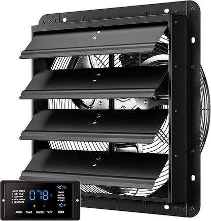 16 Inch EC Motor Shutter Exhaust Fan, 6 Inch Large Touchscreen Controller for Temp Humidity and Speed Control, 10-Speed Wall Mount Fan for Attic, Greenhouse, Garage, Chicken Coop Ventilation