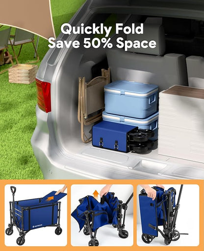 Collapsible Wagon Cart with Wheels 220lbs Foldable Wagon 120L Shopping Cart for Groceries Folding Utility Wagon for Beach, Garden, Camping, Sport, Wheelbarrows, Indigo