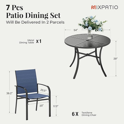 7 Pieces Outdoor Table and Chairs, Patio Dining Set for 6 Includes 54" Round Outdoor Table and 6 Patio Chair Set, Outdoor Dining Furniture Set for Lawn Backyard Deck, Blue