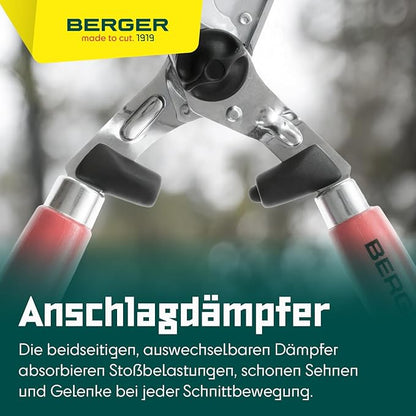 BERGER Professional Hedge Shear, Self-Sharpening 9.45" Steel Blades, Chrome-Plated Wavy Blades, 2 Sap Grooves to Prevent Sticking, Wood Handles, 4590