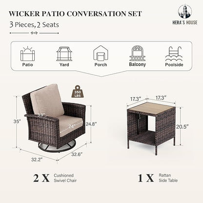Oversized Patio Wicker Chairs, High Back Outdoor Swivel Chairs Set of 2 with Rattan Side Table, 5.5" Thick Cushions, 3-Piece Patio Furniture Sets for Deck Porch Pool, Brown/Beige