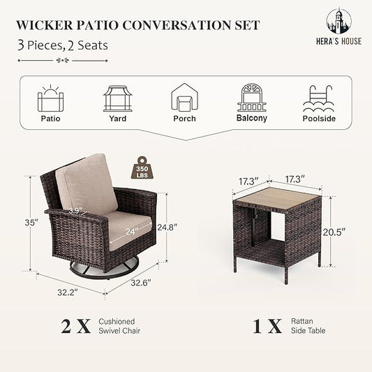 Oversized Patio Wicker Chairs, High Back Outdoor Swivel Chairs Set of 2 with Rattan Side Table, 5.5" Thick Cushions, 3-Piece Patio Furniture Sets for Deck Porch Pool, Brown/Beige