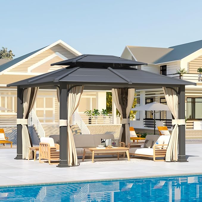 YOLENY 12’x 14’ Gazebo with Galvanized Steel Roof, Double Roof Design with Anti-Rust Coating, Outdoor Gazebos with Curtains and Netting, Sunshade for Gardens, Lawns, Deck