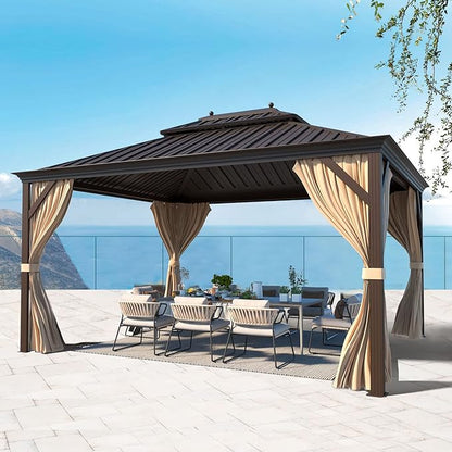 MELLCOM 10'x12' Hardtop Gazebo with Galvanized Steel Double Roof, Canopy Aluminum Frame, Curtains and Netting Included, Metal Outdoor Gazebos for Patios, Garden, Lawns, Parties