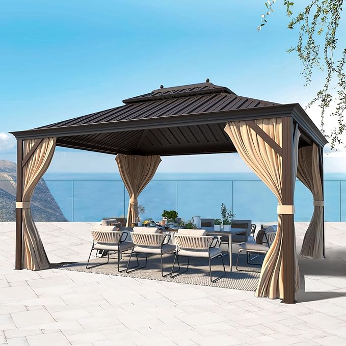 MELLCOM 10' x 12' Hardtop Gazebos, Brown Permanent Pavilion Gazebo with Curtains and Netting, Galvanized Steel Metal Double Roof with Aluminum Frame for Patio, Lawn & Garden