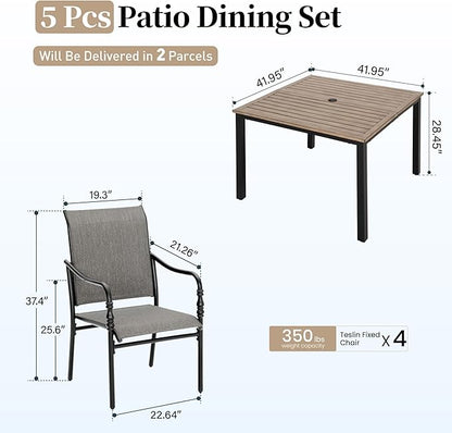 Patio Table and Chairs Set of 4, All-Weather Breathable Textilene Patio Chair with Gourd-Shaped Armrests, 42x42 Wood-Like Table with Umbrella Hole, 5 Pcs Metal Frame Patio Dining Set