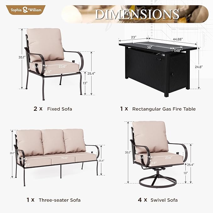 Sophia & William 6 Piece Outdoor Patio Furniture Set, 7 Seats Patio Conversation Sets with 45" Gas Fire Pit Table x 1, 3-seat Sofa x 1, Swivel Chair x 2, Cushioned Chair x 2, Beige