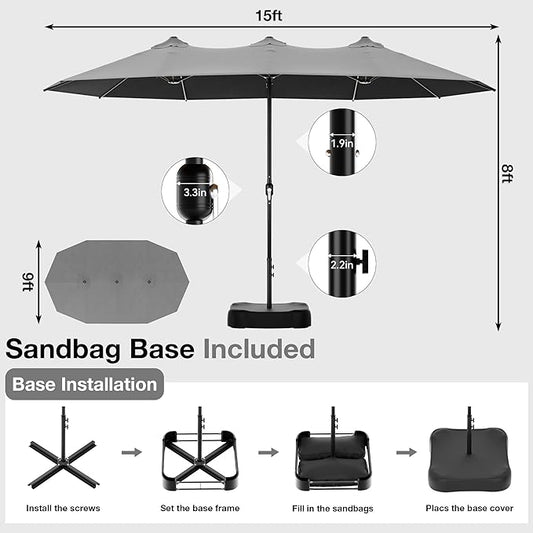 Joyside 15FT Large Patio Umbrella with Base Included, Outdoor Double Sided Umbrella, Rectangle Umbrella with Crank Handle, 12 Sturdy Ribs for Deck, Porch and Pool