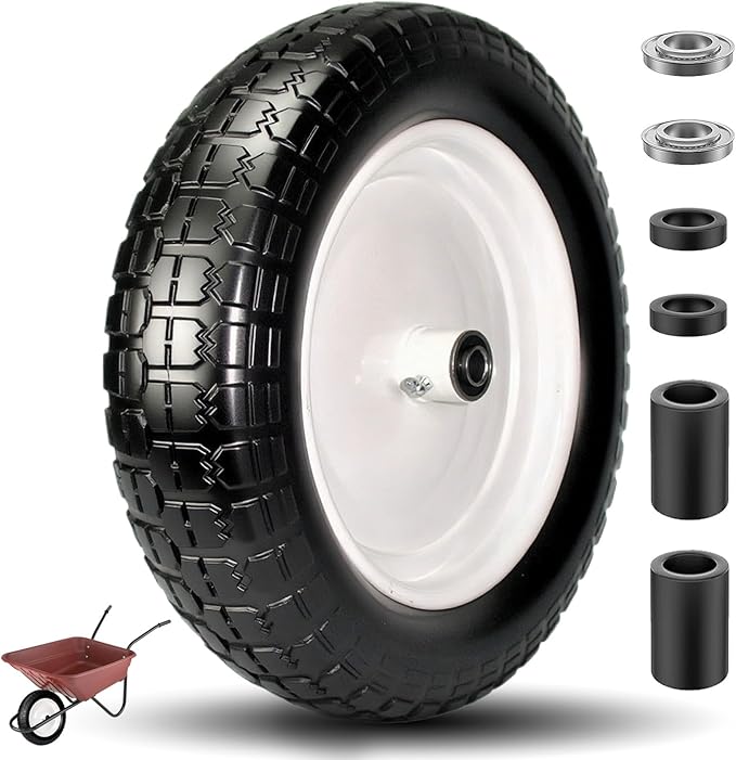 4.80/4.00-8 Solid Tire, 14.5" Flat Free Tire and Wheel, 5/8" Bore Bearing with 3/4" Extra Bearings, 3" -7" Centered Hub - Universal for 4.80-8 4.00-8 4.00-6 3.50/3.00-8 Wheels
