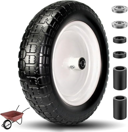 4.80/4.00-8 Solid Tire, 14.5" Flat Free Tire and Wheel, 5/8" Bore Bearing with 3/4" Extra Bearings, 3" -7" Centered Hub - Universal for 4.80-8 4.00-8 4.00-6 3.50/3.00-8 Wheels