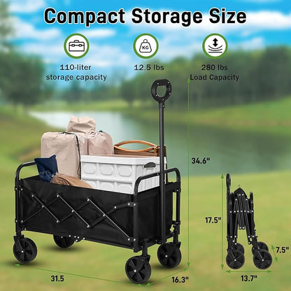 Catart Collapsible Folding Utility Wagon, 110L Large Capacity Portable Cart with Wheels, Lightweight Foldable Wagon for Camping, Gardening, Sports, Grocery Shopping, and Everyday Outdoor Use, Black