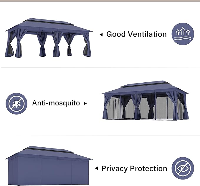 LAUSAINT HOME Outdoor Patio Gazebo 10'x20' with Expansion Bolts, Heavy Duty Party Tent & Shelter with Double Roofs, Mosquito Nettings and Privacy Screens for Backyard, Garden, Lawn, Navy Blue
