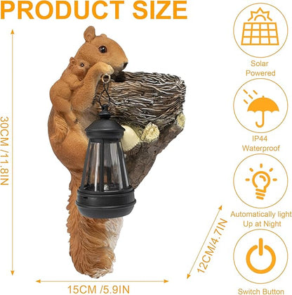 Squirrel Tree Hugger Garden Outdoor Statue Decor with Solar Powered Lantern for Outside Porch Patio Wall Tree Fence, Squirrel Figurine Birthday Gifts for Mom