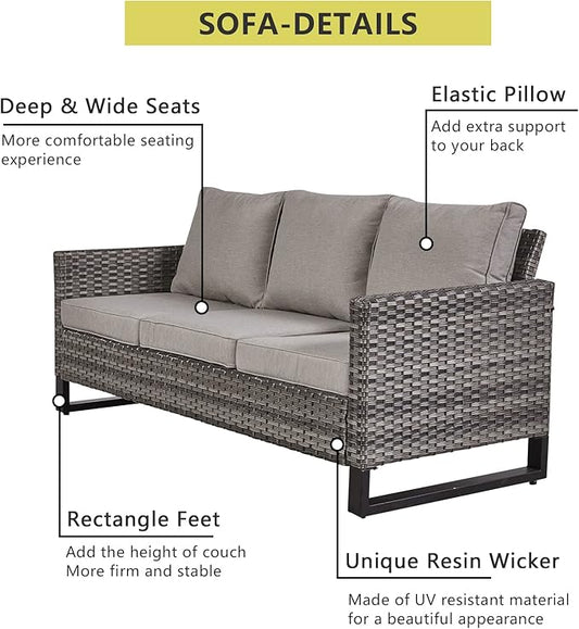 HUMMUH 7 Piece Patio Furniture Set with Fire Pit Table 41in 55,000 BTU,Wicker Outdoor Conversation Sets - Outdoor Chairs Set of 2 Patio Sofa for Porch,Garden,Backyard