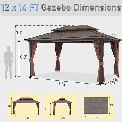 12'x14' Hardtop Gazebo, Outdoor Aluminum Frame Galvanized Steel Double Roof Pavilion with Netting and Shaded Curtains, Permanent Metal Pergolas for Patio, Backyard, Deck and Lawns.