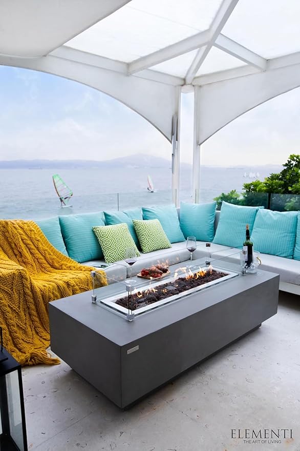 Elementi Granville Gas Fire Pit Bundle Concrete Fire Table, Outdoor Fire Pit Electronic Ignition | Canvas Cover, Lava Rock Included | Free AMS Wind Guard | Light Gray (Natural Gas)