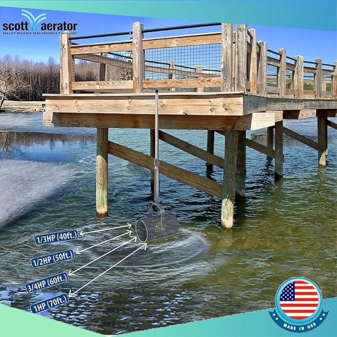Scott Aerator DeIcer for Lakes & Ponds | 3/4 Horse Power 115V Stainless Steel | 25 ft. Electric Corded Cable Included with Dock Mount Assembly | Made in USA