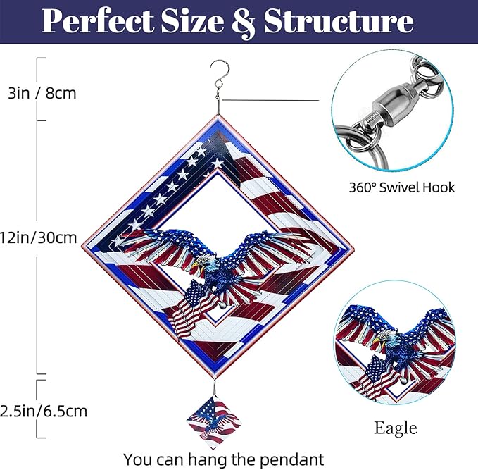 Eagle Wind Spinners for Yard and Garden,Wind Spinner Hanging,3D Metal Wind Catchers,12in American Flag Kinetic Spinner,Fourth of July Independence Day Party Decorations for Indoor Outdoor(Rhombus)