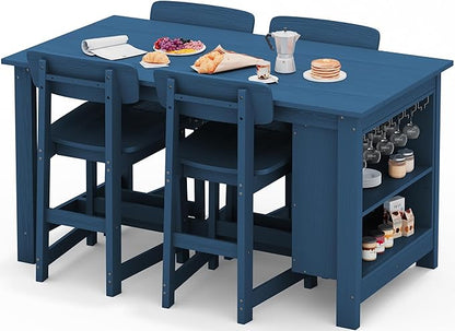 SERWALL Outdoor Bar Table and Chairs Set, 5-Piece HDPE Counter Height Patio Dining Sets with Storage and Wine Rack, Rectangular High Top Bar Table with 4 Bar Stools for Garden, Backyard, Blue