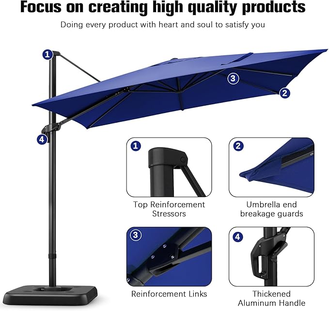 Hotime 10ft Patio Umbrella Outdoor Patio Height adjustable and Windproof, Heavy Duty Aluminum Square Offset Patio Umbrella Cantilever Pool Umbrella with 360°Rotation for Garden Deck Pool, Dark Blue