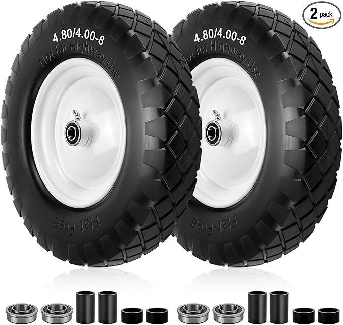 4.80/4.00-8 Flat Free Tire and Wheel- 16" Flat-Free Solid Wheelbarrow Tires with 5/8" & 3/4" Bearings, 3"-7" Centered Hub by Cenipar Universal Fit for Wheelbarrow,Hand Truck,Garden Trailer,Trolley