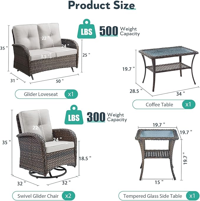 5 Piece Patio Furniture Set - Wicker Patio Conversation Set with Swivel Glider, Glider Loveseat, Tempered Glass Side Table and Coffee Table for Deck Backyard - Brown Wicker Beige Cushion