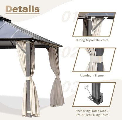 MELLCOM 12x20FT Hardtop Gazebo, Permanent Outdoor Aluminum Patio Gazebo with Aluminum Composite Double Roof for Patio Lawn and Garden, Curtains and Netting Included
