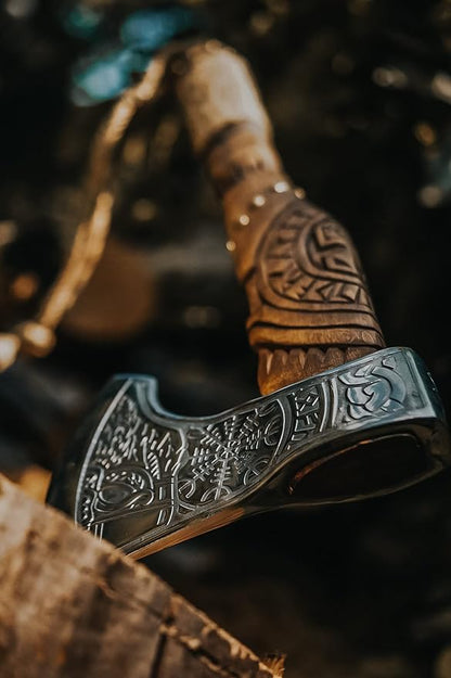 AX-7000 Custom Gift Forged Carbon Steel Viking Axe with Rose Wood Shaft, Viking Bearded Camping Axe