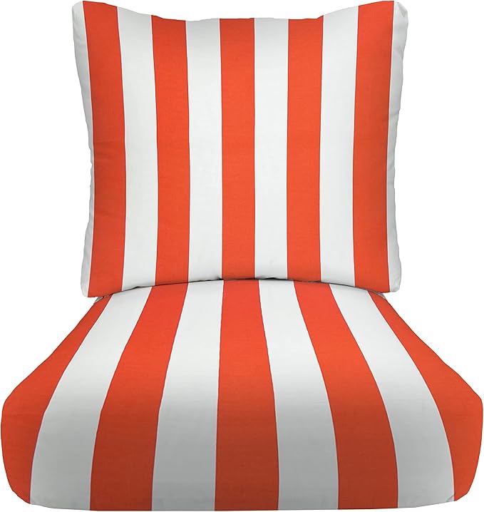 RSH DECOR: Deep Seating Cushion with Pillow Back | 23” x 26” Seat | All-Weather Spun Fabric | Water and Fade-Resistant | Outdoor Chair Cushion Set for Patio Furniture | Coral & White Stripe