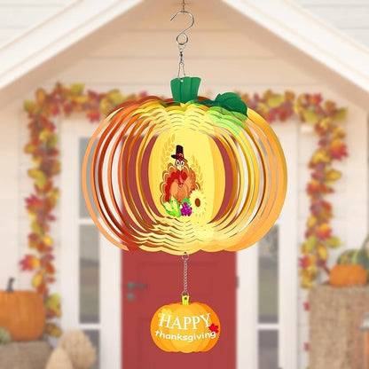 Thanksgiving Wind Spinners Fall Harvest Turkey Pumpkin Wind Spinner 3D Stainless Steel Hanging Wind Sculptures for Indoor Outdoor Yard Garden Decorations - 11.8 Inch