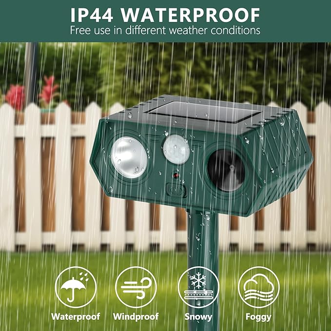 2Pack 2025 Ultrasonic Animal Repellent Outdoor Deer Repellent Devices Solar Animal Repeller Motion Activated Deterrent to Scare Cat Squirrel Rabbit Raccoon Skunk with LED Flash Lights for Yard Lawn