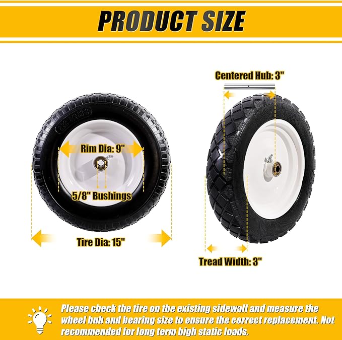 MZREXN 4.80/4.00-8" Flat Free Tire and Wheel, 15" Solid Wheelbarrow Tires, 3.00-4.00/4.80-8" with 5/8" & 3/4" Bearings, 3" Centered Hub for Hand Truck Garden Trailers Utility Cart Yard Wagon White