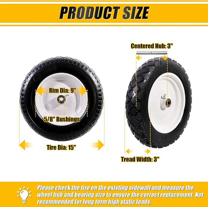MZREXN 4.80/4.00-8" Flat Free Tire and Wheel, 15" Solid Wheelbarrow Tires, 3.00-4.00/4.80-8" with 5/8" & 3/4" Bearings, 3" Centered Hub for Hand Truck Garden Trailers Utility Cart Yard Wagon White