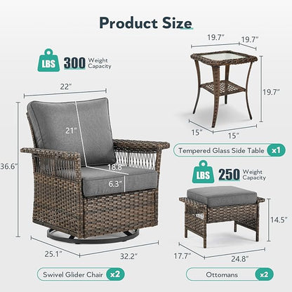 5 Pieces Wicker Patio Furniture Set - Hollow Widen Armrests Outdoor Swivel Glider Chairs with Side Table & Ottomans, Small Patio Conversation Set for Balcony Porch Deck and Yard - Brown/Gray