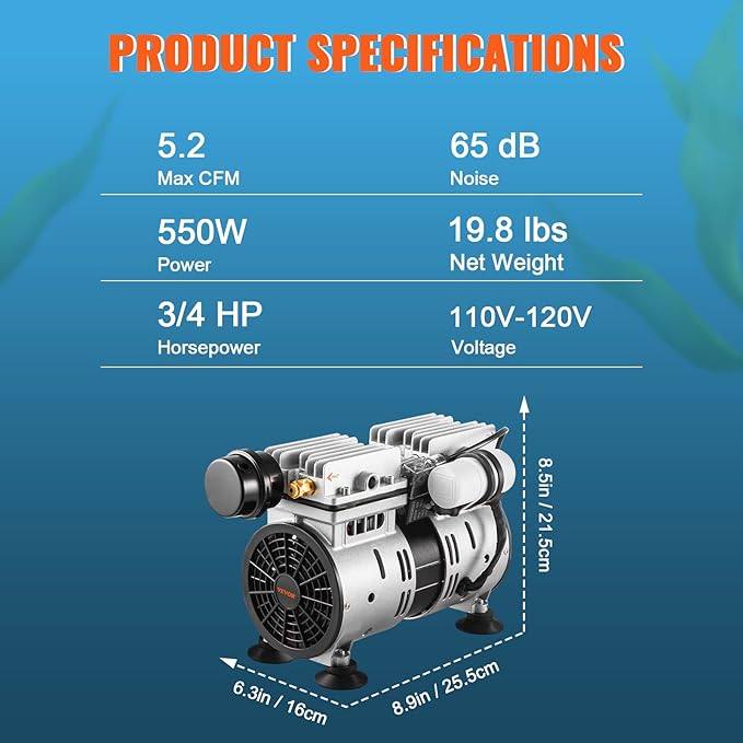 VEVOR Pond Aerator, 550W Power, 5.2CFM for Up to 3 Acre 50' Lake, Includes 3/4 HP Compressor & Timer & Valves, Air Compressor for Deep Water Oxygen Circulation, for Outdoor Ponds or Lakes