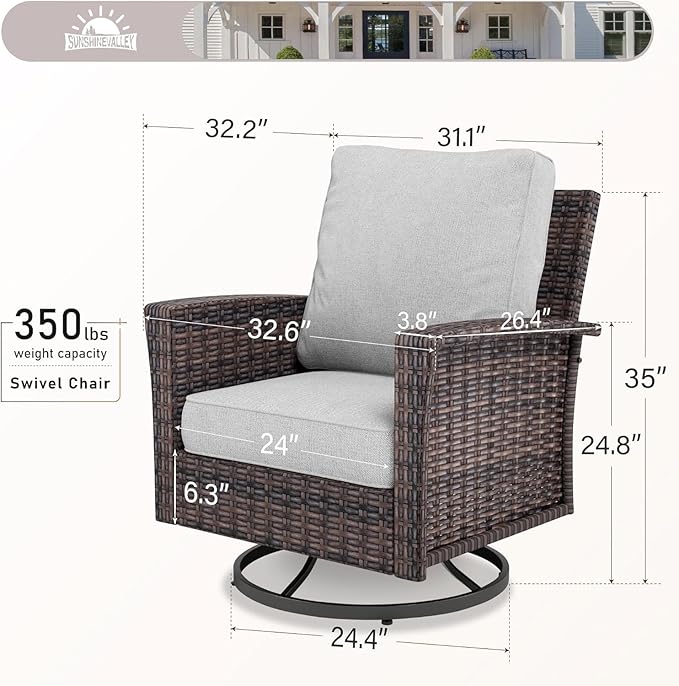 Patio Wicker Swivel Chairs Set of 2, Outdoor High Back Chairs with 5.5" Waterproof Cushions, Outdoor Furniture Set for Deck Porch and Yard, Peacock Blue