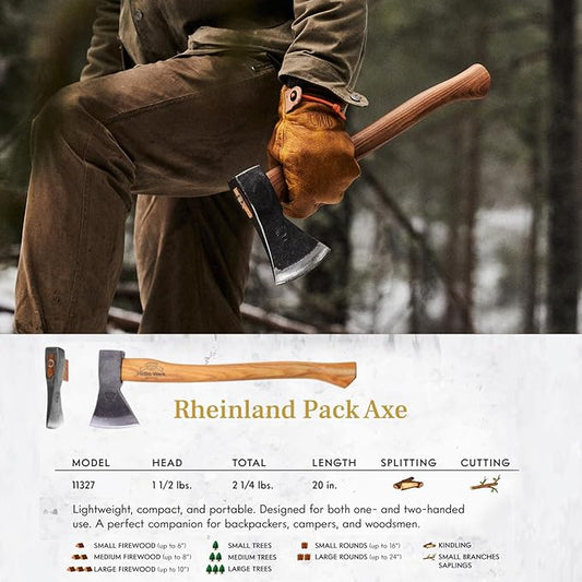 1844 Helko Werk Germany Traditional Rheinland - Made in Germany Compact Lightweight Axe for Backpacking Camping Long Hatchet - Head 1.5 lbs, Handle 20 in. (Rheinland Pack Axe) #11327