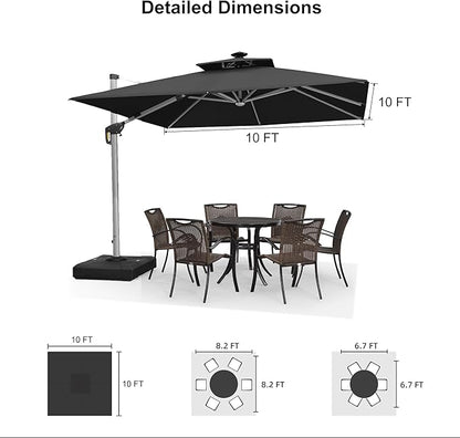 PURPLE LEAF 10 Feet Solar Powered LED Square Cantilever Umbrella With Base Patio Umbrellas Windproof Hanging Umbrella Outdoor Offset Umbrellas, Black